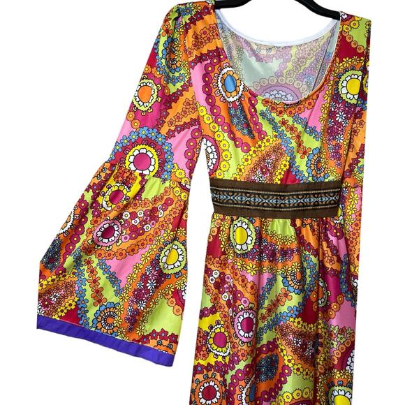 Ladies 70s Hippie Hippy Groovy 60s Retro Costume Go Go Disco Dancing Dress - Picture 3 of 8